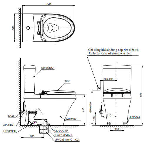 Bồn Cầu hai khối TOTO CS948DE2 nắp cơ Ecowasher TCW07S