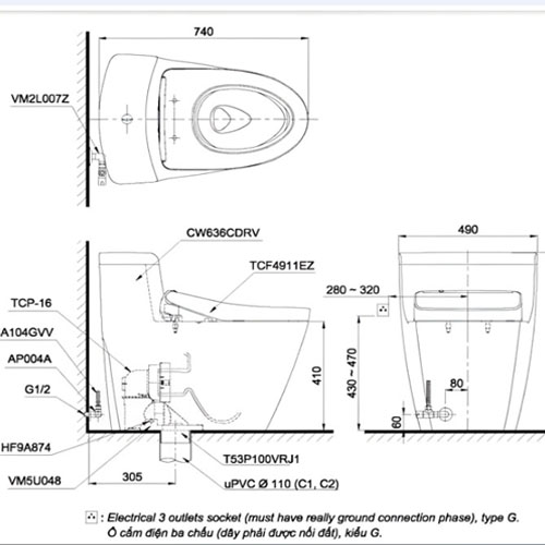 Bồn cầu điện tử Toto MS636CDRW12 Nắp Washlet TCF4911EZ