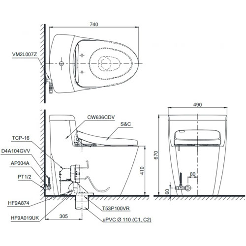 Bồn Cầu một khối TOTO MS636DT8 nắp đóng êm Ecowasher TC600VS