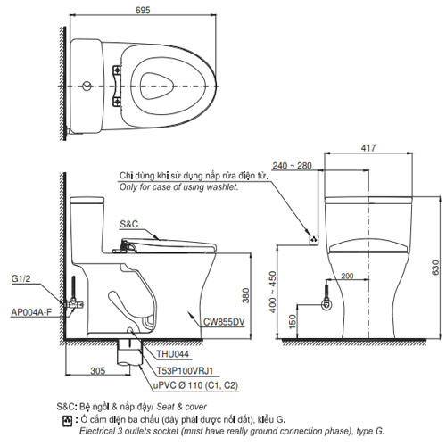 Bồn cầu Toto MS855DW18 nắp điện tử Washlet C2