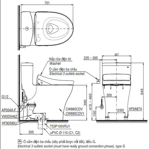 Bồn cầu Toto MS885CDW15 nắp điện tử Washlet S5