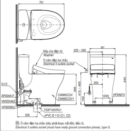 Bồn cầu Toto MS885CDW17 nắp điện tử Washlet C2