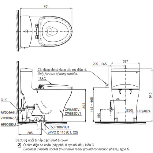 Bồn cầu điện tử Toto MS885DW11 Nắp Washlet TCF4911Z