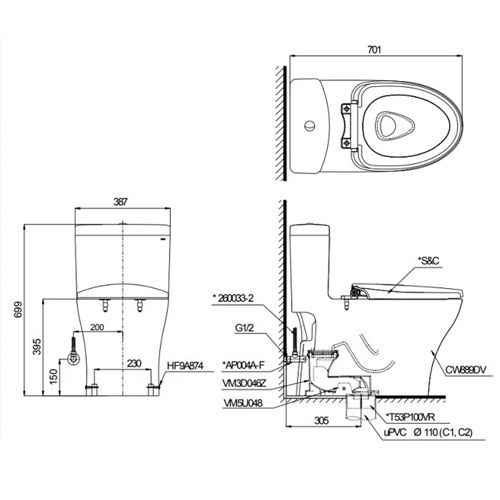 Bồn Cầu một khối TOTO MS889DRE4 nắp cơ Ecowasher TCW1211A