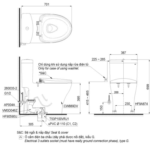 Bồn cầu Toto MS889DRW14 nắp điện tử Washlet S5
