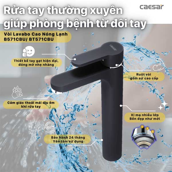 Vòi Lavabo Caesar Nóng Lạnh Thân Cao B571CBU