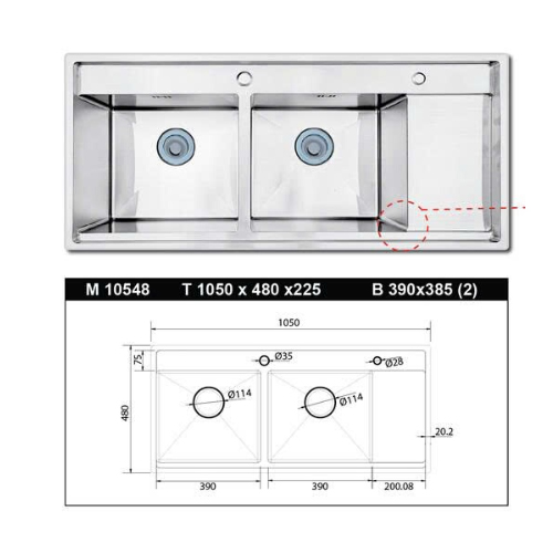Chậu rửa bát 2 hố Sobisung SB-10548 ( 2 hố 1 bàn phải)