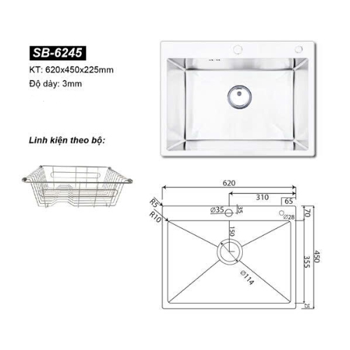 Chậu rửa bát 1 hố Hàn Quốc Sobisung SB-6245