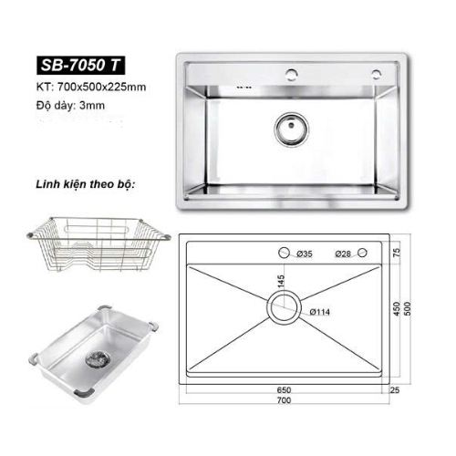 Chậu rửa bát 1 hố Hàn Quốc Sobisung SB-7050T