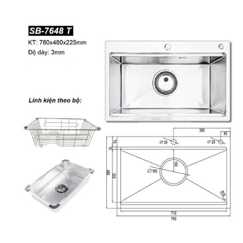 Chậu rửa bát đúc 1 hố Hàn Quốc Sobisung SB-7648T