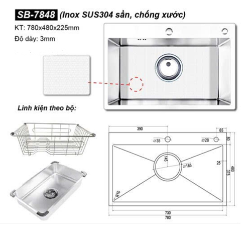 Chậu rửa bát đúc 1 hố Hàn Quốc Sobisung SB-7848