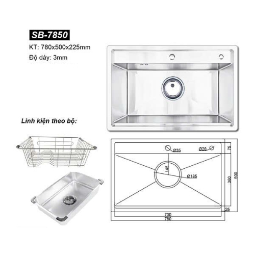 Chậu rửa bát đúc 1 hố Hàn Quốc Sobisung SB-7850