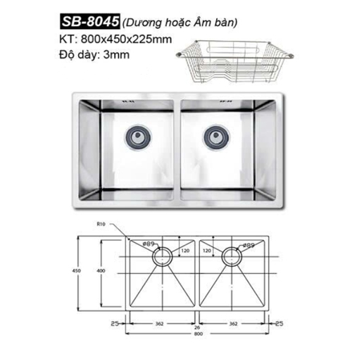 Chậu rửa bát 2 hố Sobisung SB-8045 ( 2 hố cân )