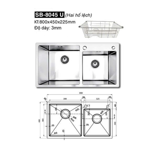 Chậu rửa bát 2 hố Sobisung SB-8045U ( 2 hố lệch)