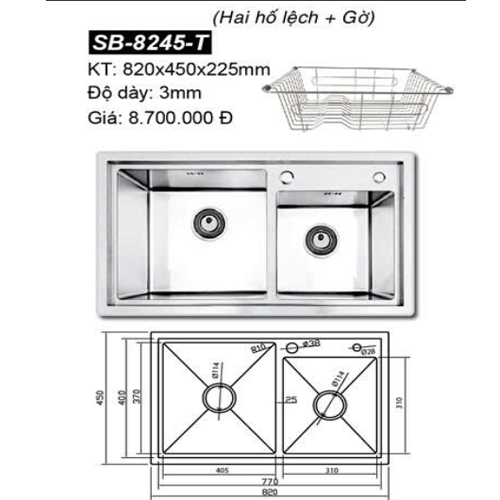 Chậu rửa bát 2 hố Sobisung SB-8245T ( có gờ)