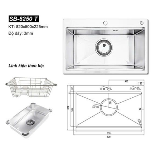 Chậu rửa bát đúc 1 hố Hàn Quốc Sobisung SB-8250T