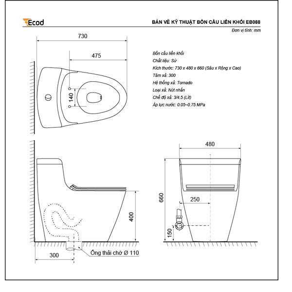 TSKT Bồn cầu liền khối Ecod EB088
