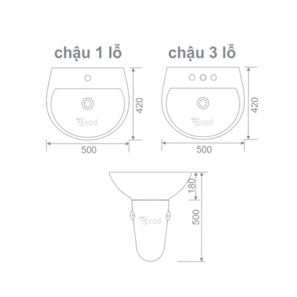 Chậu treo tường chân lửng ECD124 - 3 Lỗ