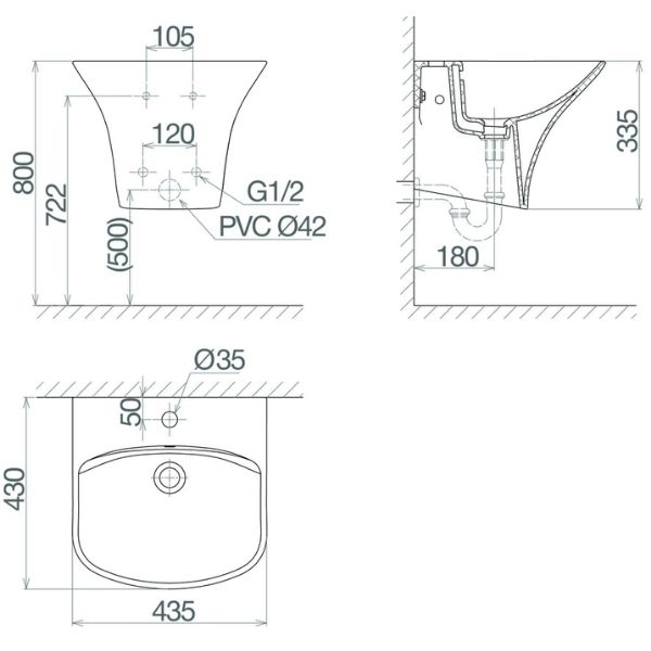Chậu liền chân treo tường V64