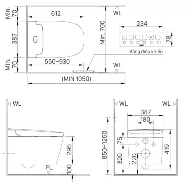 Bồn cầu treo tường thông minh INAX AC - 820VN/BW1