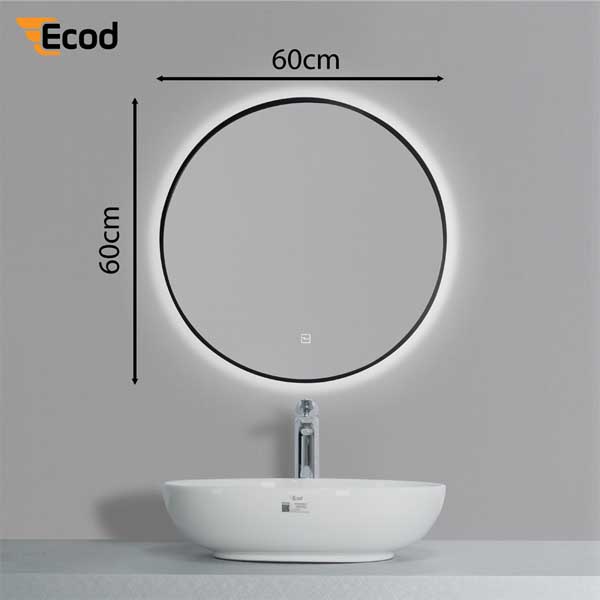 Gương tròn 60x60 cm led 3 màu khung nhôm đen Led/sấy - EGK6060