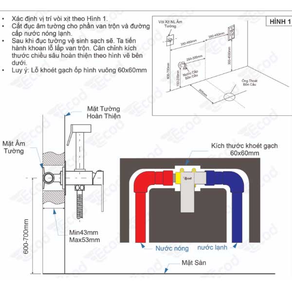 Xịt vệ sinh nóng lạnh âm tường Ecod/EX101 8 Xịt vệ sinh nóng lạnh âm tường EX101
