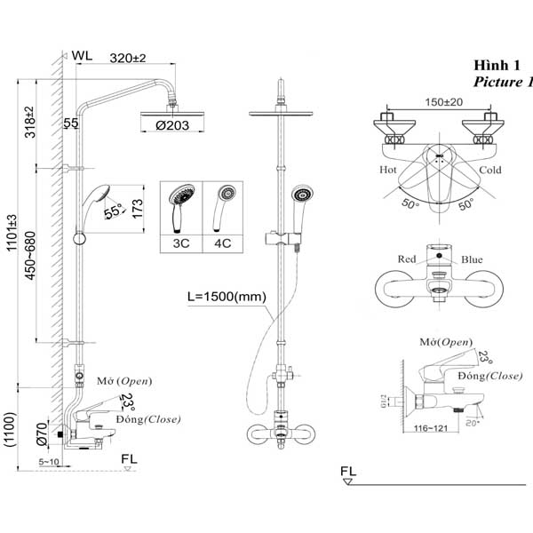Bộ sen tắm cây nóng lạnh INAX BFV-1115S-3C-2