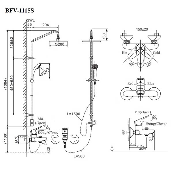 Bộ Sen Tắm Cây Inax BFV-1115S Nóng Lạnh 3 Bộ Sen Tắm Cây Inax BFV-1115S Nóng Lạnh