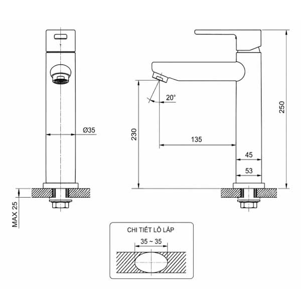 Vòi lavabo nóng lạnh dành cho chậu đặt bàn AMY AM5004 3 Vòi lavabo nóng lạnh dành cho chậu đặt bàn AMY AM5004