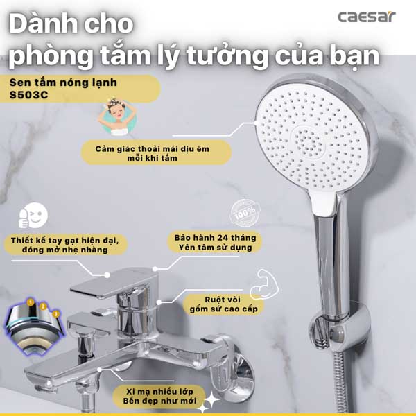 Vòi Sen Caesar Nóng Lạnh 3 Chế Độ S503C