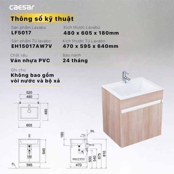 Bộ Tủ Chậu Lavabo Treo Tường Caesar LF5017 + EH15017AW7V 7 Bộ Tủ Chậu Lavabo Treo Tường Caesar LF5017 + EH15017AW7V
