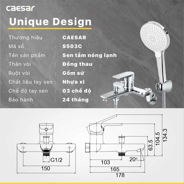 Bộ Vòi Sen Caesar Nóng Lạnh 3 Chế Độ S503C