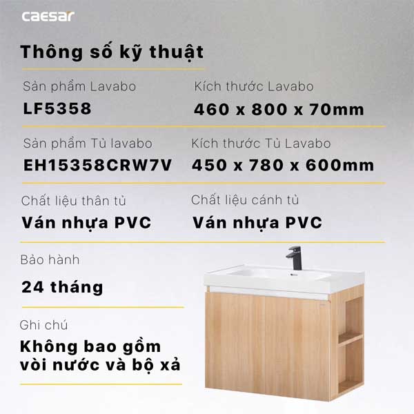 Bộ Tủ Chậu Lavabo Caesar LF5358 + EH15358CRW7V Chữ Nhật 11 Bộ Tủ Chậu Lavabo Caesar LF5358 + EH15358CRW7V Chữ Nhật