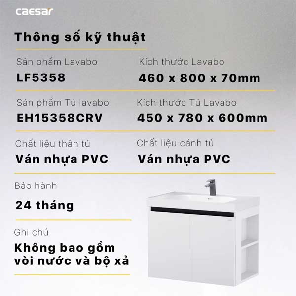 Bộ Tủ Chậu Lavabo Caesar LF5358 + EH15358CRV Chữ Nhật 6 Bộ Tủ Chậu Lavabo Caesar LF5358 + EH15358CRV Chữ Nhật
