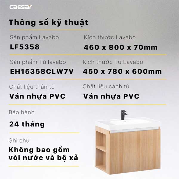 Bộ Tủ Chậu Lavabo Treo Tường Caesar LF5358 + EH15358CLW7V 5 Bộ Tủ Chậu Lavabo Treo Tường Caesar LF5358 + EH15358CLW7V
