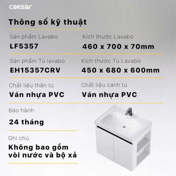 Bộ Tủ Chậu Lavabo Treo Tường Caesar LF5357 + EH15357CRV 5 Bộ Tủ Chậu Lavabo Treo Tường Caesar LF5357 + EH15357CRV