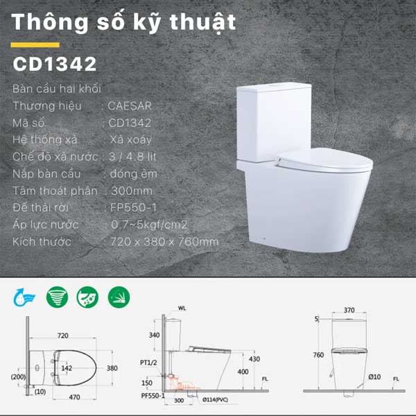 Bồn Cầu 2 Khối Nắp Êm Caesar CD1342