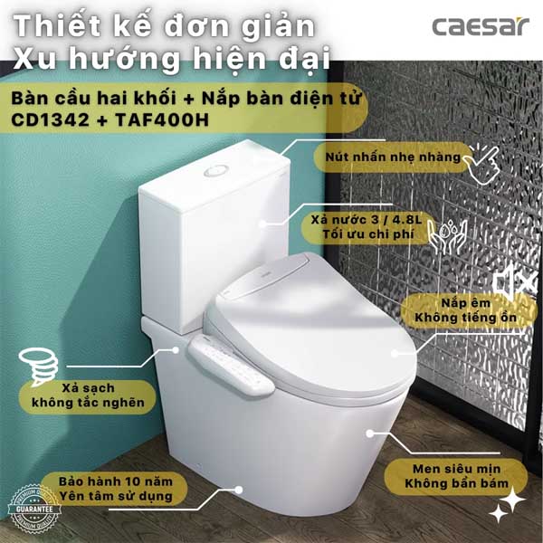 Bồn Cầu 2 Khồi Kết Hợp Nắp Thông Minh Caesar  CD1342 + TAF400H 
