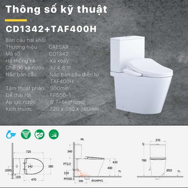 Bồn Cầu 2 Khồi Kết Hợp Nắp Thông Minh Caesar  CD1342 + TAF400H 