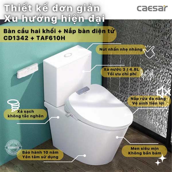 Bồn Cầu 2 Khối Kết Hợp Nắp Rửa Thông Minh Caesar CD1342 + TAF610H 