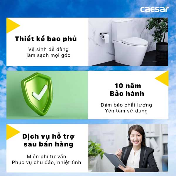 Bồn Cầu 2 Khối Kết Hợp Nắp Rửa Thông Minh Caesar CD1342 + TAF610H 