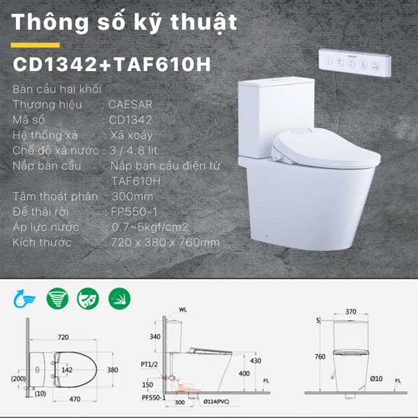 Bồn Cầu 2 Khối Kết Hợp Nắp Rửa Thông Minh Caesar CD1342 + TAF610H 