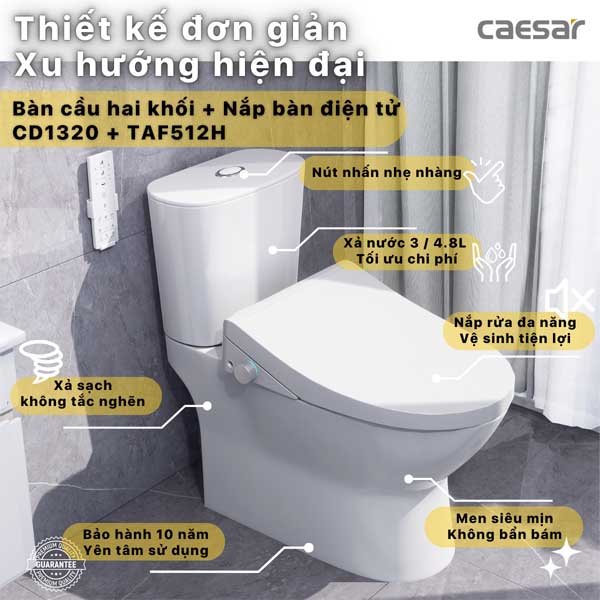 Bồn Cầu 1 Khối Kết Hợp Nắp Rửa Thông Minh Caesar CD1320 + TAF512H 