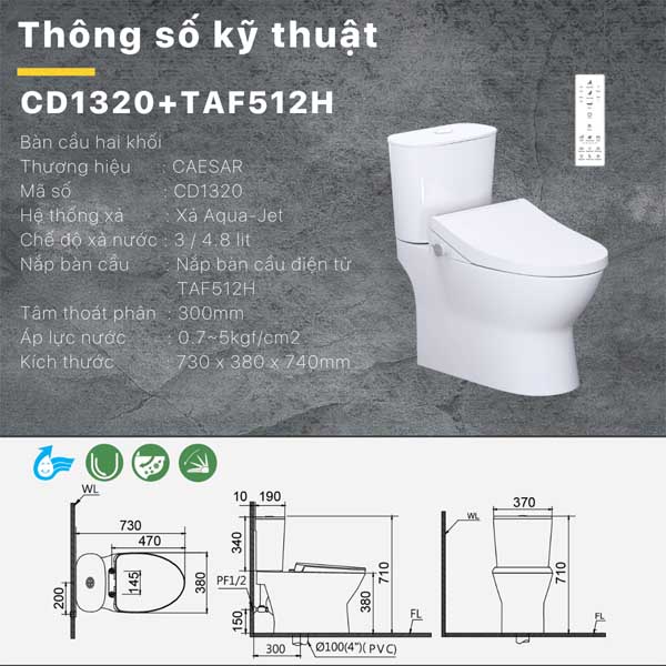 Bồn Cầu 1 Khối Kết Hợp Nắp Rửa Thông Minh Caesar CD1320 + TAF512H 