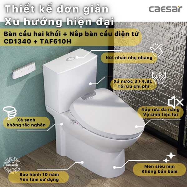 Bồn Cầu 2 Khối Kết Hợp Nắp Rửa Thông Minh Caesar CD1340 + TAF610H 
