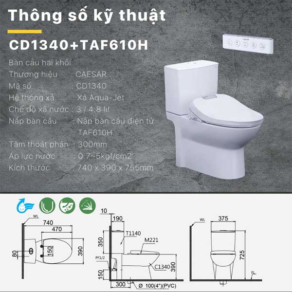 Bồn Cầu 2 Khối Kết Hợp Nắp Rửa Thông Minh Caesar CD1340 + TAF610H 
