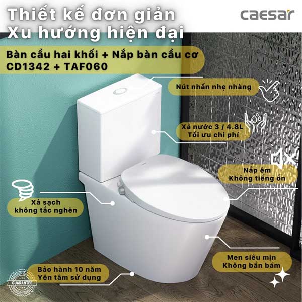 Bồn Cầu 2 Khối Kết Hợp Nắp Rửa Cơ Đa Năng Caesar CD1342 + TAF060 