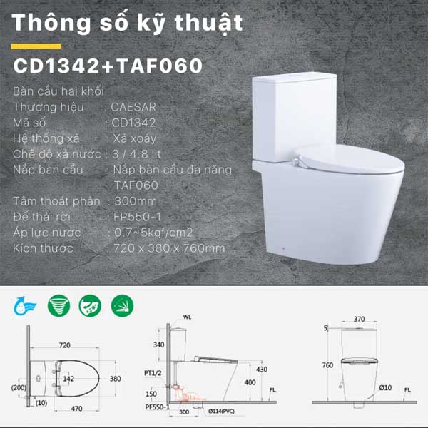 Bồn Cầu 2 Khối Kết Hợp Nắp Rửa Cơ Đa Năng Caesar CD1342 + TAF060 