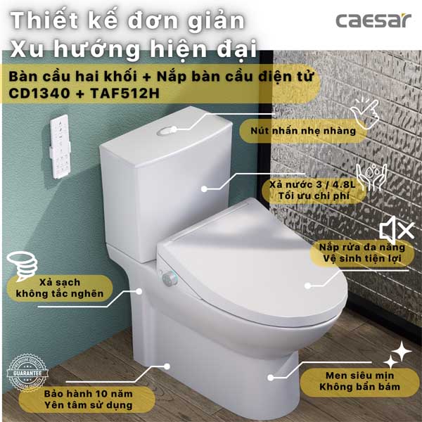 Bồn Cầu 2 Khối Kết Hợp Nắp Rửa Thông Minh Caesar CD1340 + TAF512H