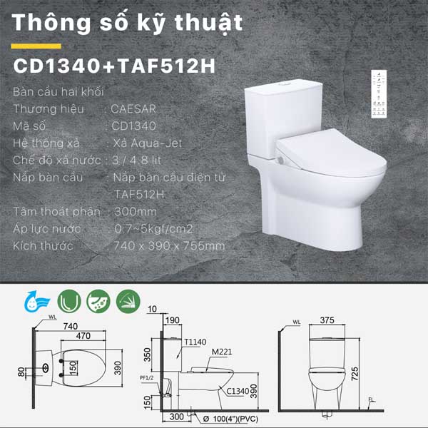 Bồn Cầu 2 Khối Kết Hợp Nắp Rửa Thông Minh Caesar CD1340 + TAF512H